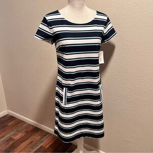 Maison Jules Cotton Blend White Blue Striped Dress with Pockets size Small NWT